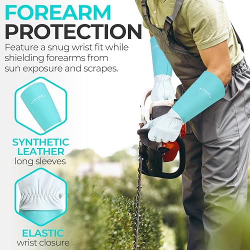 Image of HANDLANDY Rose Pruning Gloves for Men Women, Thorn Proof Gardening Gloves | Long Leather Gardening Gloves, Breathable Leather Gauntlet, Best Garden Gifts & Tools for Gardener (Teal Green, L)