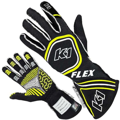 K1 Flex Adult Nomex® Auto Racing Gloves - SFI 3.3/5 - Black, Flo Yellow - Large
