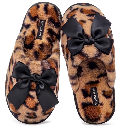 Snug Leaves Womens Faux Fur Slide Slippers Brown Leopard with Cheetah Phantom Bow 7-8 US