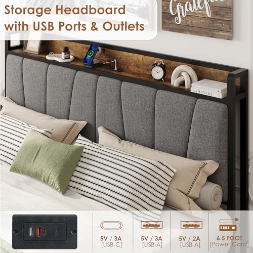 Image of King Size Bed Frame with 2 Storage Drawers and Charging Station, Rustic Linen Upholstered Platform Bedframe with Storage Headboard, No Box Spring Needed, Easy Assembly, Noise Free, Grey