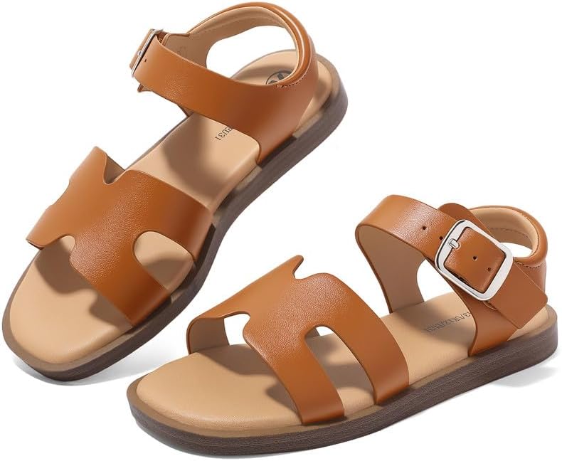 Girls Sandals Open Toe Cute Flats Dress Sandals with Adjustable Buckle – Open Toe Casual Summer Shoes for Little Kid/Big Kid