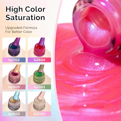 Image of MelodySusie Pearl Gel Nail Polish Set, 6 Colors Aurora Shimmer White Green Pink Purple Blue Iridescent Mermaid Drawing Glitter Gel Polish Soak Off Swirl Shell Thread Effect Nail Art Gifts for Women