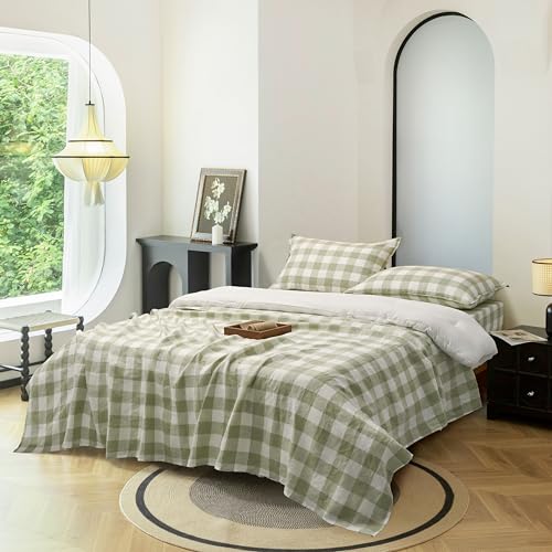 EVERLY Linen Sheets Set Queen Size,100% French Stonewash Pure Linen Sheets Set,4Pieces (1Flat Sheet,1Fitted Sheet,2Pillowcase) Suitable for Hot Sleepers,Deep Pocket Natural Bedding Set-Green Plaid
