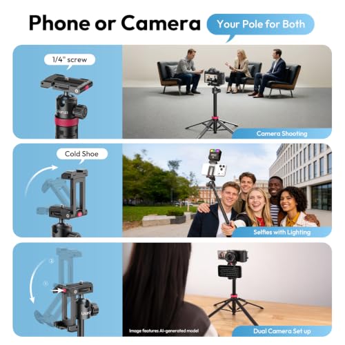 Image of ULANZI New MT-44 B Extendable Phone Tripod, Four-Leg Tripod, 59 inch Selfie Stick Vlog Stand with 2 in 1 Phone Clip, Black