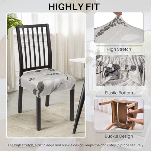 Image of SearchI Stretch Dining Chair Seat Covers Set of 4, Soft Removable Washable Seat Covers for Dining Chairs, Dining Room Seat Cover Protector (Rear-Covered, Grey Foliage)