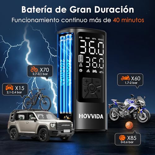 HOVVIDA Compresor Aire Portatil, Inflador Ruedas Coche 150 PSI (10,3 Bar) 5V, Compresor Aire Coche Bicicleta, Batería Recargable, con LED, para Coche, Moto, Bicicleta, Pelota - Imagen 5