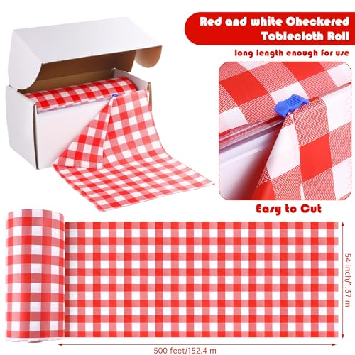Image of Kochorie 54 Inch x 500 Ft Red Checkered Plastic Table Cloth Roll Disposable Waterproof Table Cover Plastic Table Cover Roll with Easy Slide Cutter for Outdoor Picnic /Home Dining /Summer Party