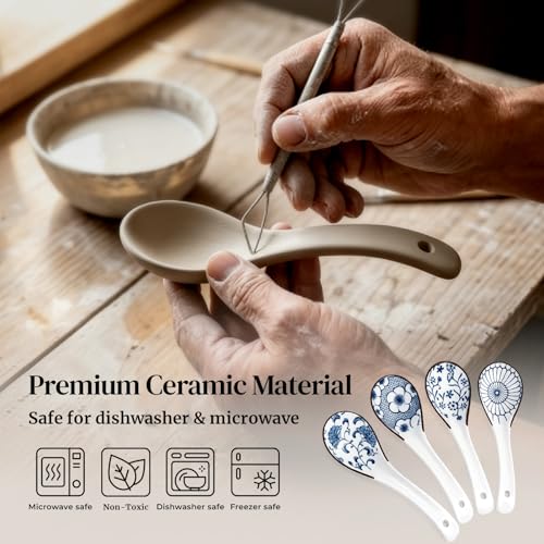 Image of DOWAN Soup Spoons, Asian Ceramic Soup Spoon, with Long Handle Easy to Hold, Non-slip Bottom, Japanese Spoon for Ramen Pho Wonton Dumpling Miso, Set of 4
