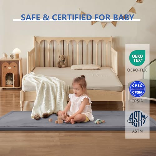 Image of Huloo Sleep Play Mat for Babies Toddlers,1.3 inch Thick Elasti-Foam Anti-Fall Cushion Mat for Kids Room,28x72 Bedroom Bedside Rugs,Water-Repellent Soft Coral Velvet,Non-Slip(Dark Grey)