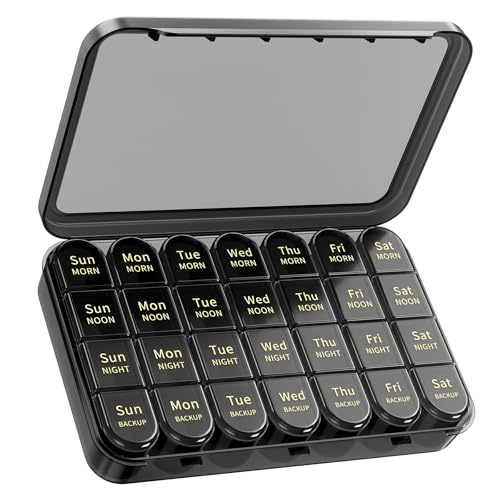 Image of Daviky Pill Organizer 4 Times a Day - Pill Box 7 Day, Weekly Medicine Pill Organizer for Travel with Removable Containers, Pill Case to Hold Daily Vitamins, Supplements and Medication (All Black)