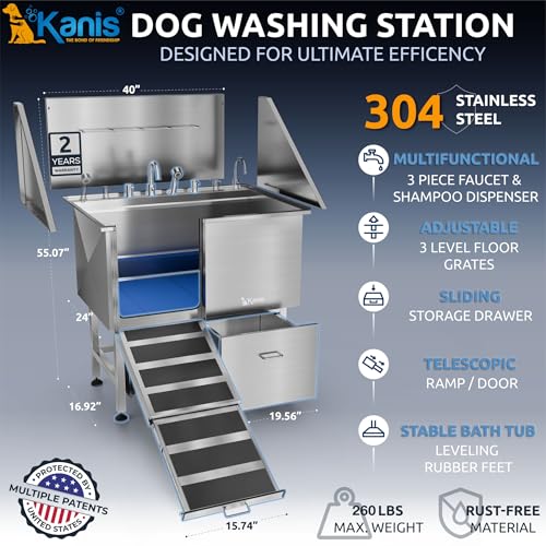 Image of KANIS Professional Dog Washing Station 304 Stainless Steel Pet Wash Sink & Grooming Bathtub w /Shower, Floor Grates and Storage for Large, Medium & Small Pets (Silver, 40 Inches, Left Ramp, 1 Drawer)