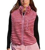 Colorful world Striped Fleece Vest Women High Neck Zip Up Sleeveless Teddy Sherpa Vest with Chest Pocket(Red,M)