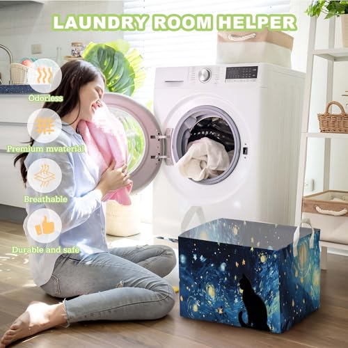 Image of Starry Night Black Cat Toy Basket, Closet Shelf Organizer Baskets for Nursery Decor, Bathroom, Bedroom, Home Decor Gift Basket Large Squarecanvas Laundry Hamper With a Waterproof PE Coating, Foldable