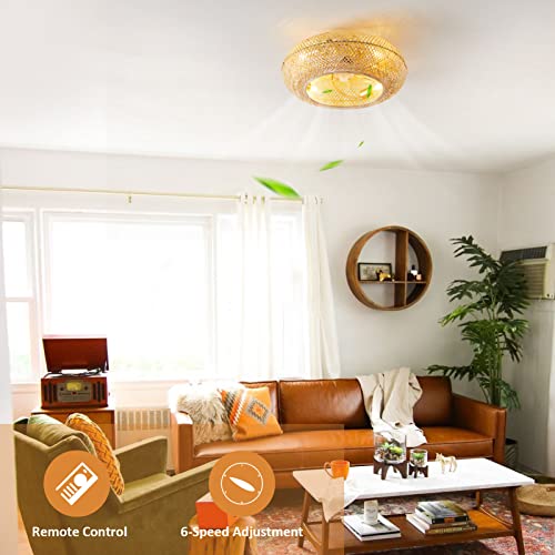 luansky Rattan Ceiling Fan with Light Flush Mount, 20 Inch Enclosed Boho Ceiling Fans with Lights and Remote Control, Coastal Caged with 6 Speeds for Bedroom Living Room Kitchen, E26 Base, Indoor-Gold - Image 4