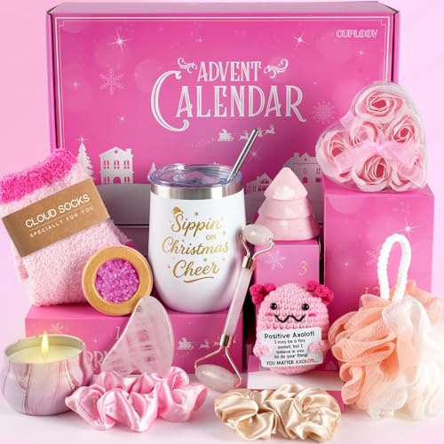 Spa Advent Calendar 2025 Adult Women Teen Girls - Christmas Bath Advent Calendar for Mom, Wife, Girlfriend, Sister, Her - Pink Spa Gifts Basket Set with Mugs, Bath Bomb, Shower Steamer, Candle & Relaxing GuaSha Tools