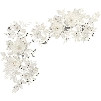1 Pair 3D Embroidery Beads Lace Applique Flowers Rhinestone Lace Fabric Embroidered Beads Flower Applique Patches for DIY Neckline Wedding Dress Clothing Decoration White