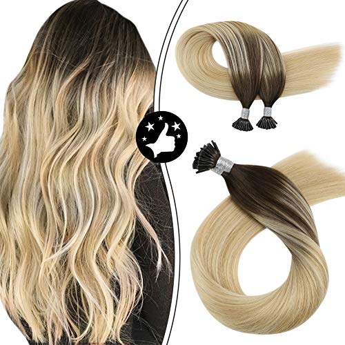 Moresoo Balayage I Tip Real Human Hair Extensions Dark Brown Balayage I Tip Extensions Color #2 Brown Fading to #27 and #613 Blonde Itip Remy Human Hair 18 Inch Fusion Hair Extensions Human Hair 50s 40g