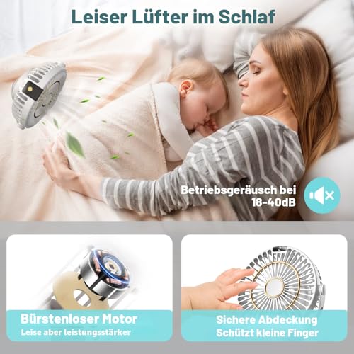COZII Mini Ventilator, Clip Ventilator USB Ventilator Tischventilator Leise mit Akku, 5 Geschwindigkeiten 720° Drehung, 16cm Tragbarer Tischventilatoren für Zuhause, Büro, Outdoor, Reisen (Weiß) 5