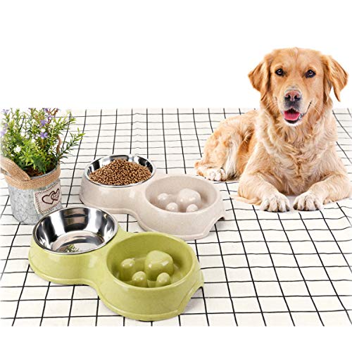 Tineer Double Pet Dog Slow Feeder Bowl,Stainless Steel Anti-Choke Puppy Food And Water Feeder For Dog Cats (White) #TOP7