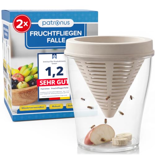 Patronus Fruchtfliegenfalle für Küche - 2X Wiederverwendbare Fruchtfliegen Lebendfalle zum Fruchtfliegen dauerhaft loswerden spülmaschinengeeignete Fruit Fly Trap robuste Obstfliegenfalle Küche