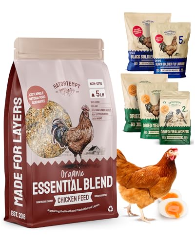 PTCOM Hatortempt 5lb Organic Chicken Feed for Laying Hens - 3 Grain Essential Blend - 5% Calcium with Oyster Shell for Chickens - Grit for Digestion - Chicken Food - Healthier Hens for Healthier Eggs