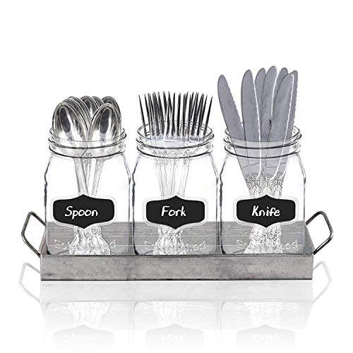 Mason Jar Flatware Caddy, Utensil Holder with Black Chalk Label on Galvanized Tray