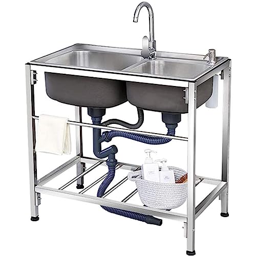 Lavello da garage Lavello da garage a 2 scomparti Lavello da cucina in acciaio inox a doppia vasca Lavello da garage Lavello da fattoria Argento Lavello per postazione di lavoro Lavandini