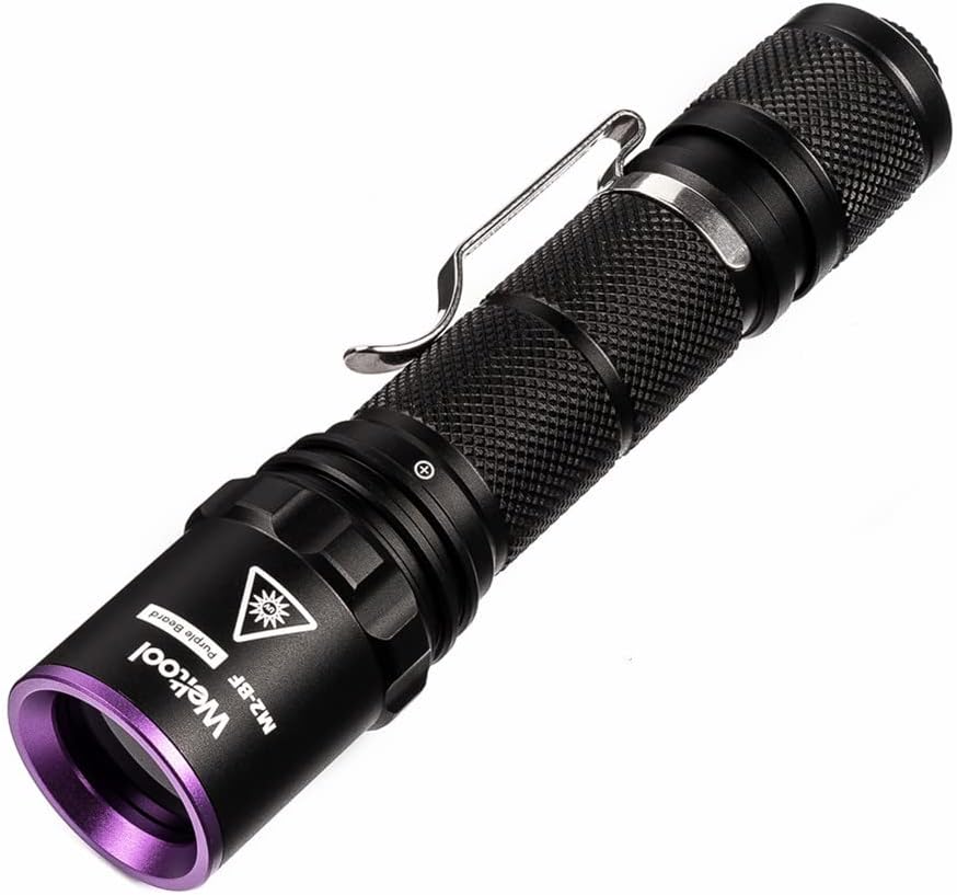 Weltool M2-BF UV Flashlight, Black Light, 365nm UV-A, 1800mW, Stainless Steel, Battery Powered, Portable, 13.5cm