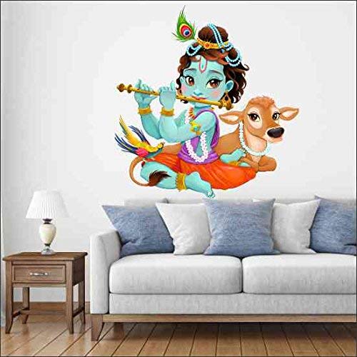 AH Decals Lord Krishna with Flute Cute' Wall Sticker (PVC Vinyl, 60 cm