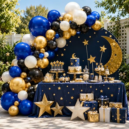 Image of Navy Blue and Gold Balloons, 60 Pcs 12 Inch Blue Gold Black White Latex Balloons for Graduation Birthday Baby Shower Party Decorations