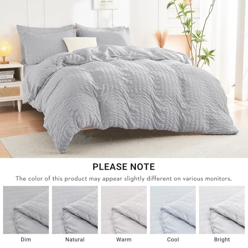 Image of HYMOKEGE Light Grey King Size Comforter Set Seersucker 7 Pieces, All Season Luxury Bed in a Bag for Bedroom, Bedding Set with Comforters, Sheets, Pillowcases & Shams