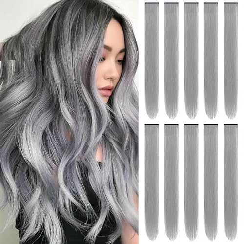 TOFAFA 22 inch Colored Hair Extensions Straight Hairpiece Color Party Highlights Clip in Synthetic Gray Hair Extensions for Girls Women Cosplay Styling Favor Gift(10 PCS Grey)