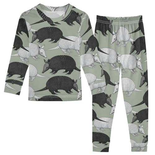 Pajama Sets Long Sleeve Armadillo Pattern on Green Background Soft Comfy Sleepwear 2 Piece PJS 3-8T