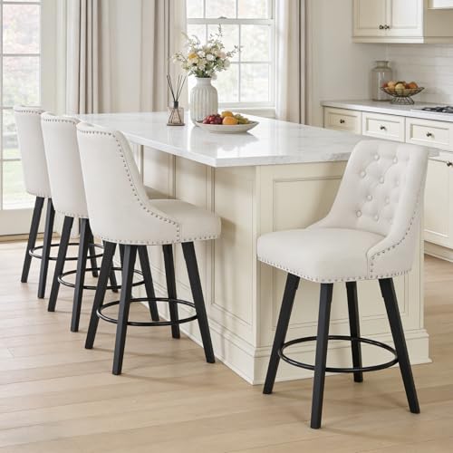 Butacos giratorios de barra, set de 4 unidades, con respaldo acolchado y tapizado en lino, altura para barra (25''), diseño moderno para isla de cocina o bar en casa, color beige miniatura 5