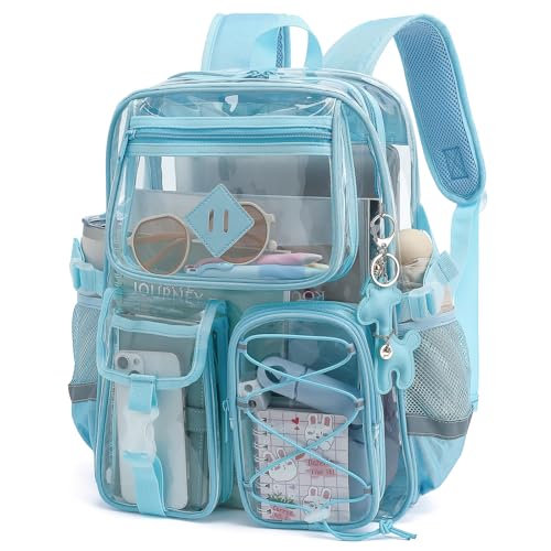 Yusudan Clear Backpack for Girls Women, Heavy Duty Transparent School Backpack Bookbag with Giraffe Keychain (Blue)
