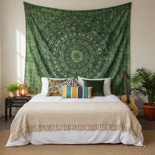 Image of Craft Trade 84x90 Inches Dark Green Cotton Mandala Ombre Wall Hanging Tapestry