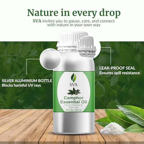 Image of SVA Camphor Essential Oil, Huge Bottle, Large Size, 16 Fl Oz (473 ml) | Camphor Oil for Diffuser, Humidifier, Steam, Spray, Body Massage, Hair, Skin, Soap Making, Candle Making & DIY Blending
