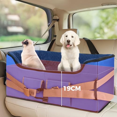 Babenest Hunde Autositz, Sehr Stabiler Mehrere Haustiere Auto Erhöhter mit Sicherheitsgurt für Mittlere Hunde, Faltbare Waschbarer und Große Kapazitäter Auto Hundekorb für Rücksitz (Blue, L)