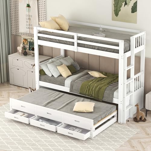 Racxily litera Infantil 90x200cm, Litera Nido con Escalera y 3 cajones, Pino Cama litera Matrimonio, somier de láminas, Blanco