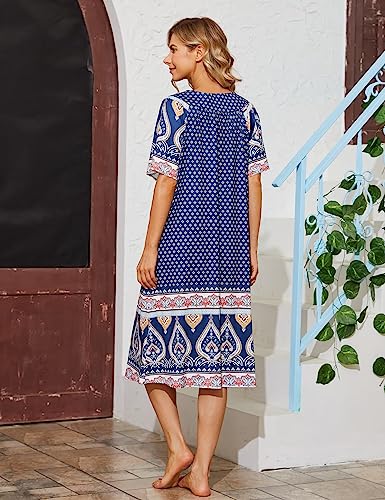 Image of Bloggerlove Mumu House Dress for Women with Pockets Short Sleeve Nightgowns | 15% Cotton, 80% Polyester, 5% Spandex, Floral Mumu House Dress, V-Neck, Short Sleeves, Midi Length, 2 Side Pockets, Lounging