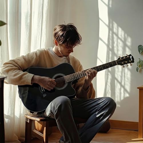 Image of Revel 38 Inch Glossy Acoustic Guitar for Beginners and Professionals with Signature Guitar Feel, Westwood Guitar Style Set with Picks. (BLACK)