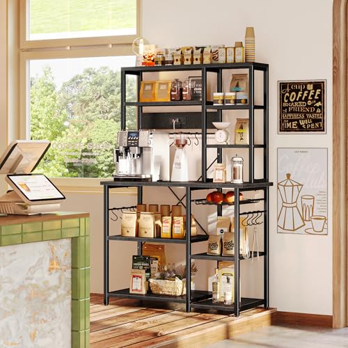 Image of SUPERJARE Large Bakers Rack with Power Outlets, 6-Tier Microwave Stand, Coffee Bar with 12 S-Shaped Hooks, Kitchen Shelf with Wire Basket, 39.4 x 14.6 x 66.9 Inches, Black