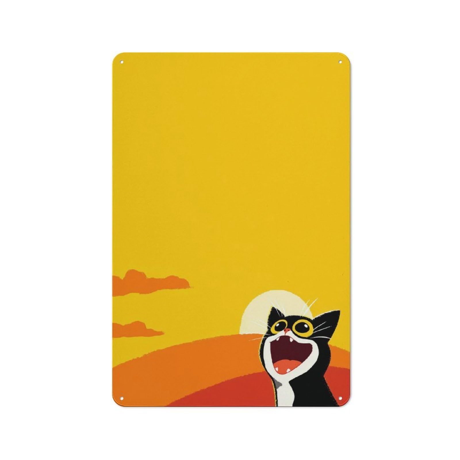 Metal Wall Sign 30x20cm Featuring Cartoon Cat Yawning at Sunrise for Pub Or Café, Housewarming Wall Decor for People Furnishing Pub And Café