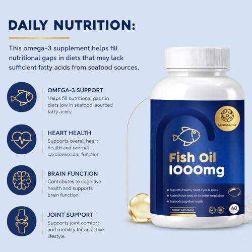 Image of Omega-3 Fish Oil 1000mg with EPA 180mg and DHA 120mg, Salmon Fish Oil Supplement for Heart Brain and Joint Health, High Purity Softgel Capsules for Daily Wellness Support, 60 Oval Capsules Pack of 1