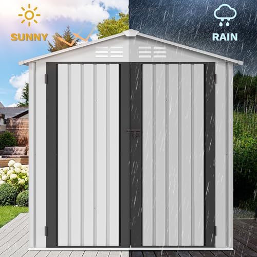 Image of DWVO 6x4ft Outdoor Storage Shed, Lockable Metal Tool Storage Sheds, Waterproof Garden Sheds with Vents for Backyard, Patio, Garage, Lawn, White