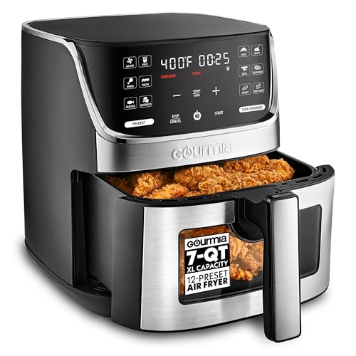 Gourmia Air Fryer - 7 Qt Large Capacity with LED Display, 12 One-Touch Presets, FryForce 360° Technology, Nonstick Dishwasher-Safe Basket & Crisper Tray, Stainless Steel