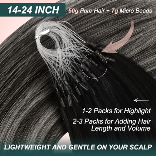 Image of Easyouth 18In Micro Loop Hair Extensions Real Human Hair Ombre, Lightweight | Micro Ring Hair Extensions Human Hair, Black Ombre Silver with Off Black Balayage, 57g 50s, for Women, for Photoshoots