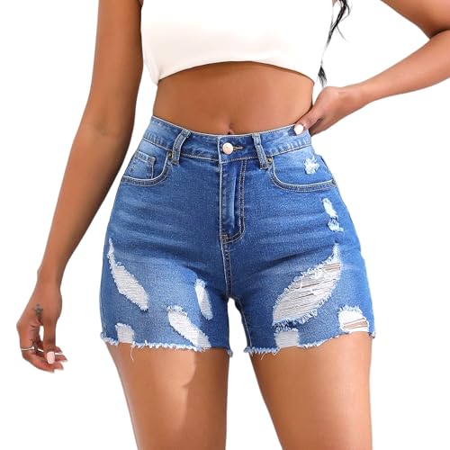 THUNDER STAR Stretchy Jean Shorts for Women Mid Rise Distressed Denim Shorts Ripped Casual Summer Shorts Blue M