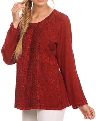 Image of Sakkas Fedella Deep Scoop Neck Long Sleeve Blouse Top with Adjustable Back Straps