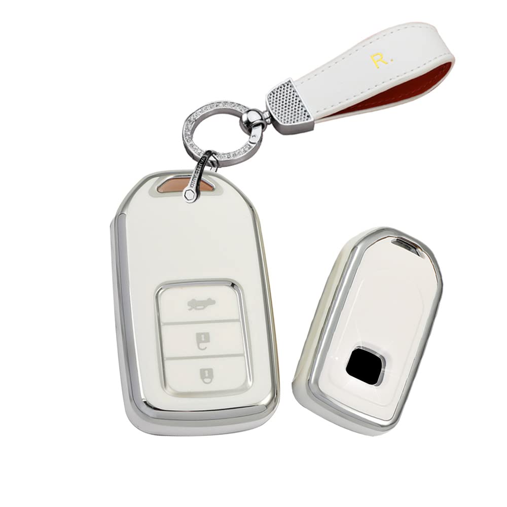 HIBEYO Cover Custodia Per Chiave Honda – Silicone TPU Con Linea Argento, Per CR-V Jazz Civic HR-V, Bianco, Con Portachiavi